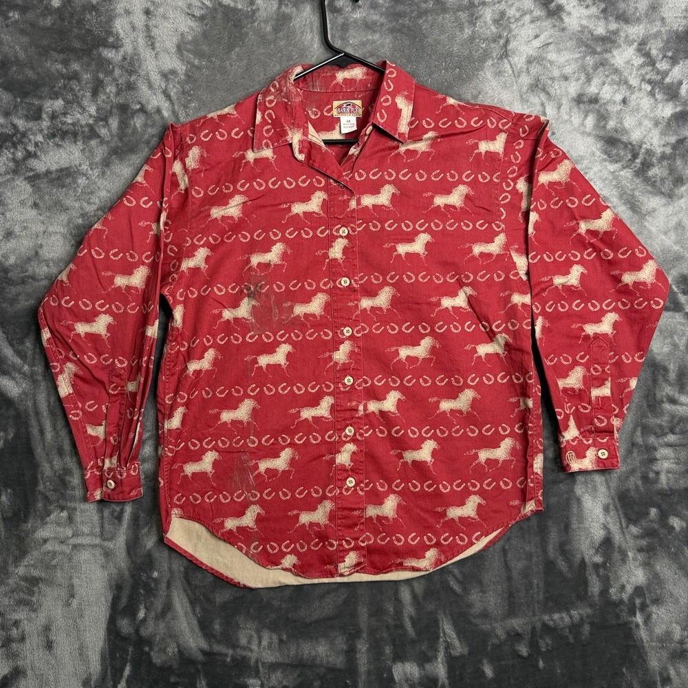 Vintage Barn Fly Button Up Long Sleeve Horse Horse Shoe All Over Print Size Med